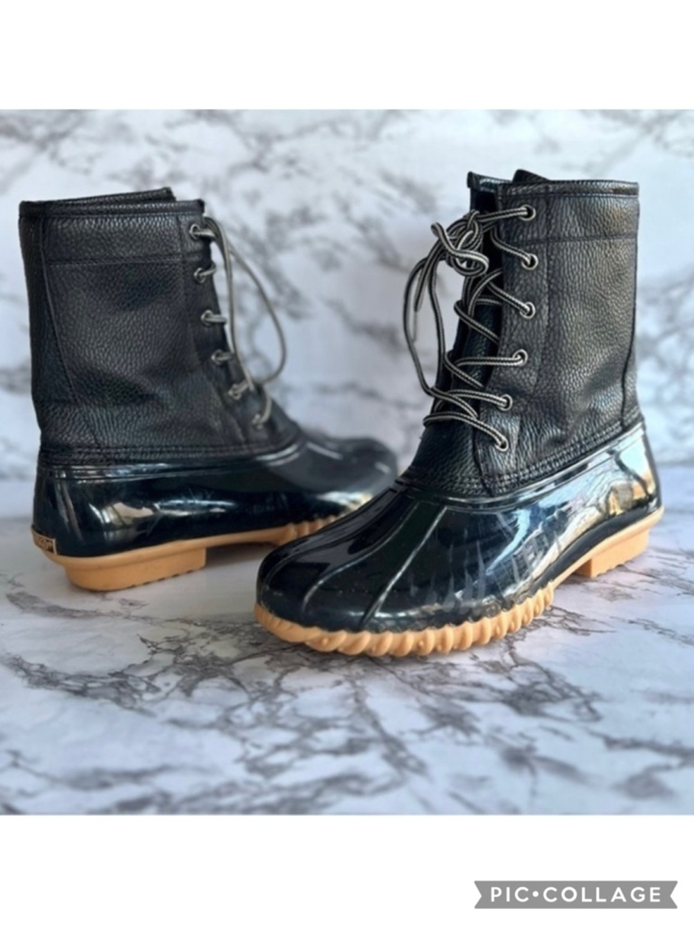 Sporto Dakota Rubber Boots Black Pebbled Lace Up Snow Winter Duck 8